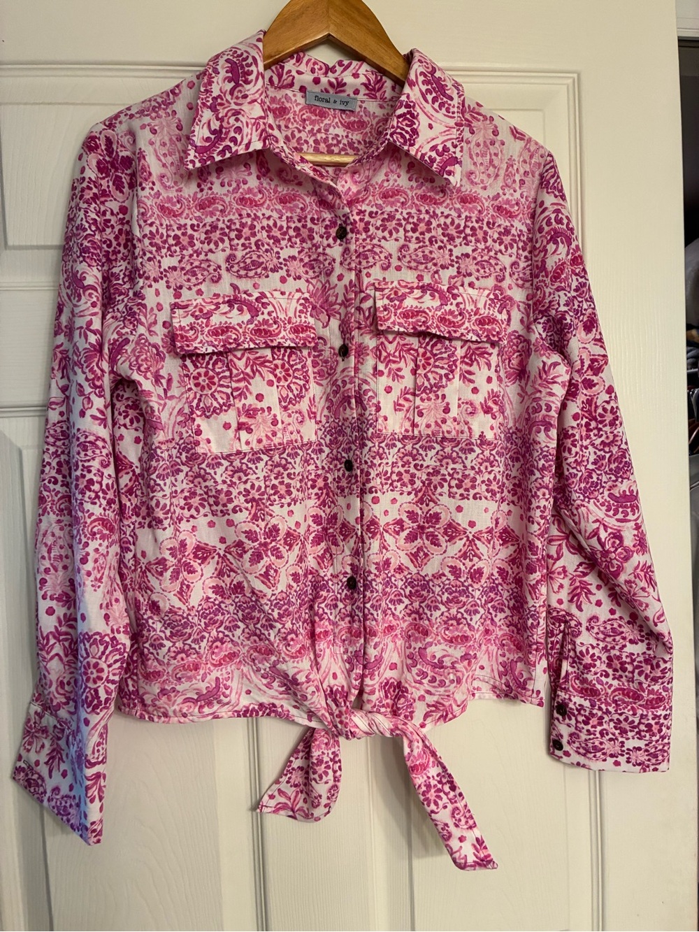 Floral & Ivy Women's Pink Patterned Button-Down Shirt with Tie option